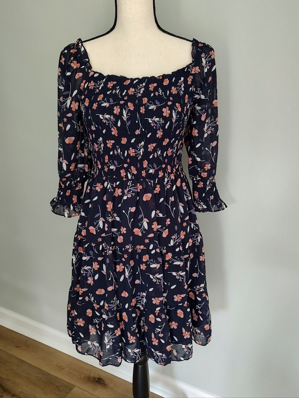 Baltic Born Azlyn Navy Pink Floral Smocked Short Floaty Dress M NWT - Picture 2 of 13